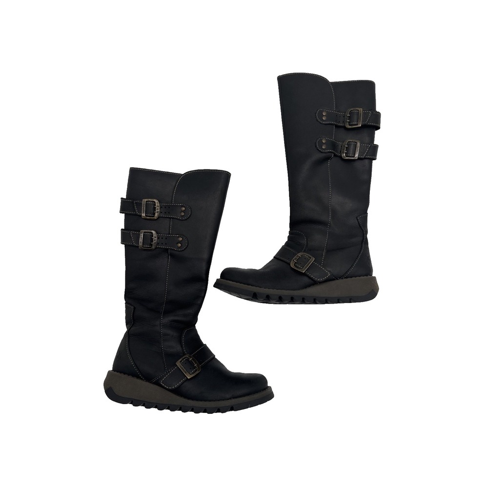 FLY LONDON SOLV DESIGNER TALL BLACK LEATHER WEDGE BOOTs 3 EU, 36, US 6